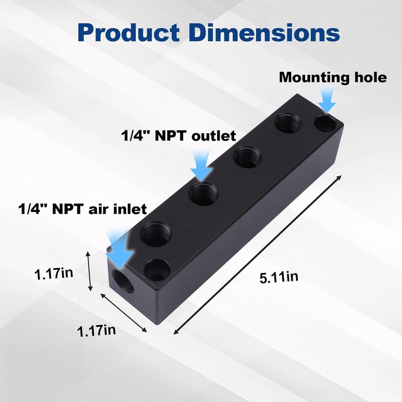 MARSTEK Air Manifold 1/4 NPT, Air Compressor Manifold, Air Hose Inline Manifold Block Splitter, Pneumatic Manifold Air Distribution Block, NPT 1/4 Inch Port (4 Way 6 Port) - Image 4